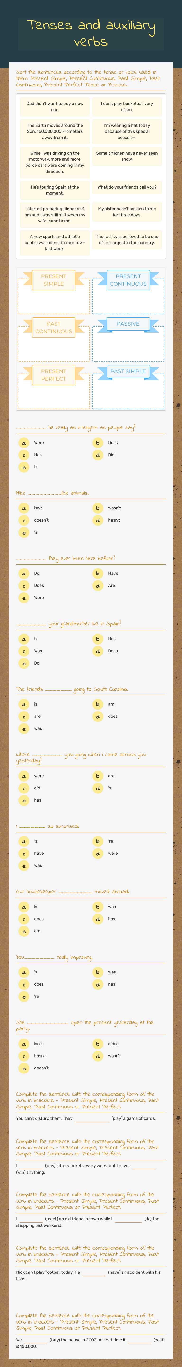 Tenses and auxiliary verbs worksheet preview image
