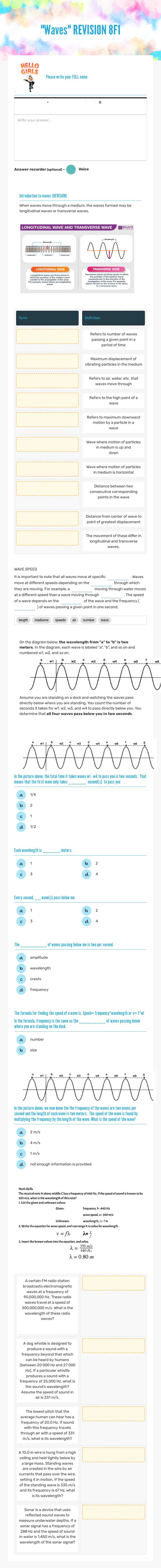 "Waves" REVISION 8F1 worksheet preview image