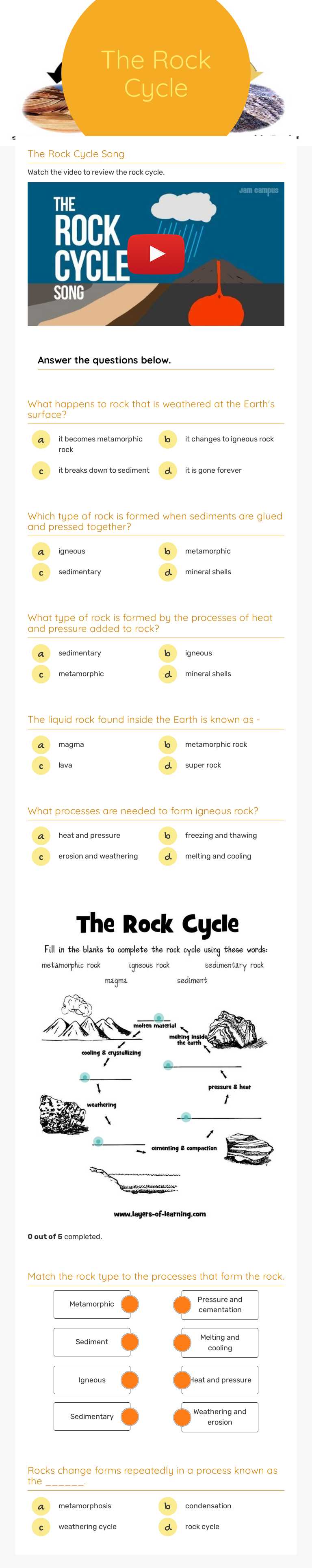 The Rock Cycle Grade 6 worksheet preview