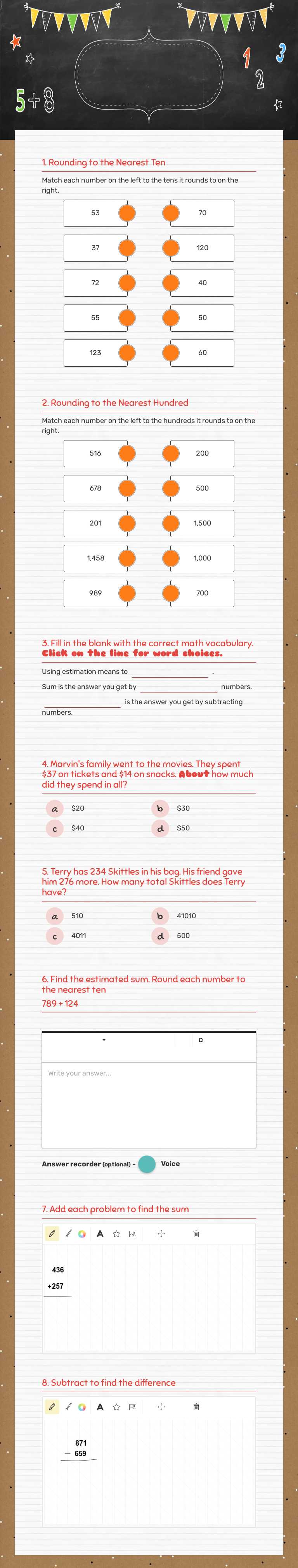 Math Review
(Estimation, Addition, and Subtraction) worksheet preview image