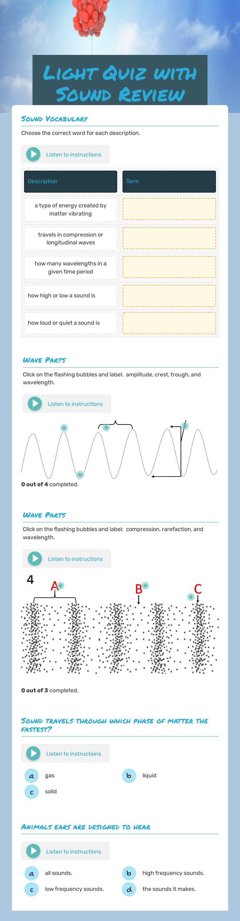 Light Quiz with Sound Review worksheet preview image