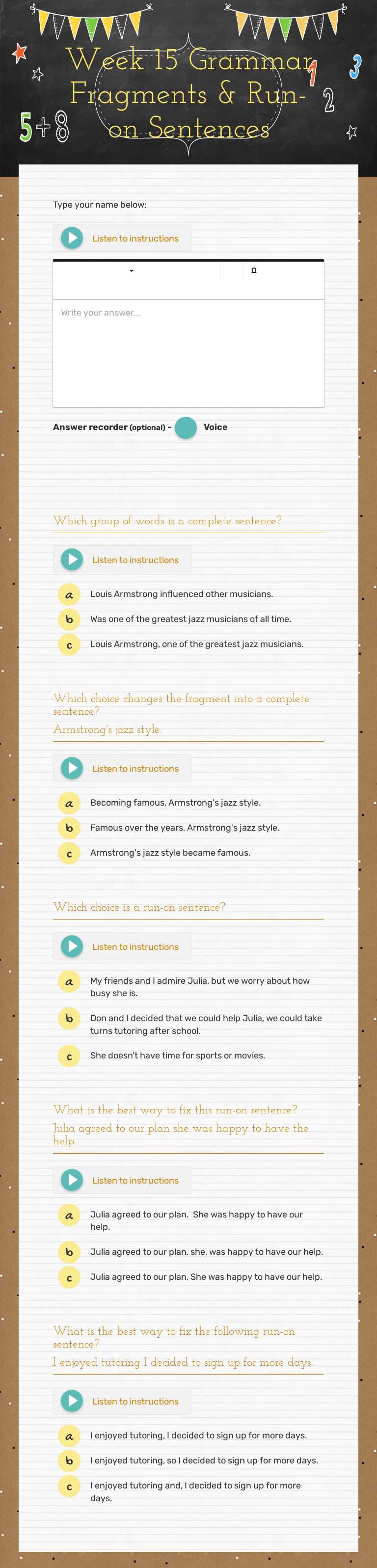 Week 15 Grammar Fragments &   
Run-on Sentences worksheet preview