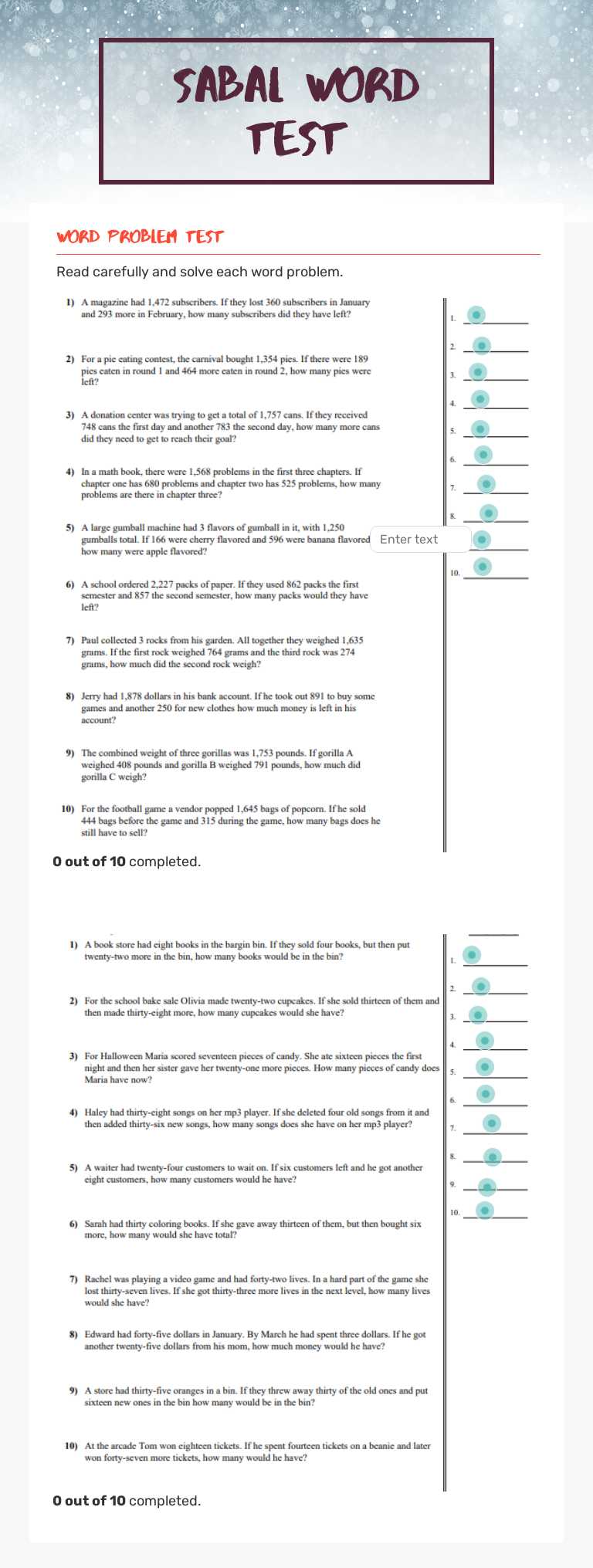 Sabal Word Test worksheet preview image