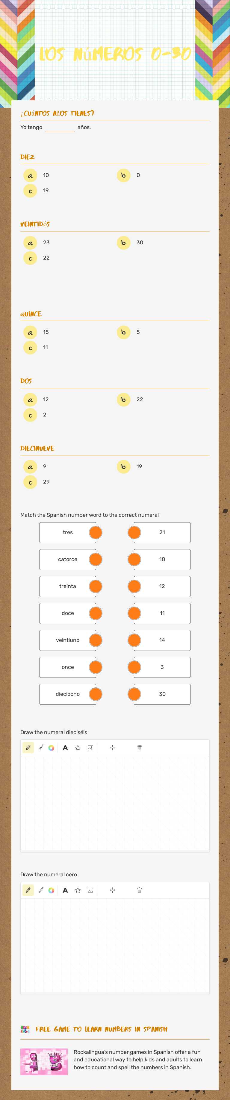 Los números 0-30 worksheet preview image