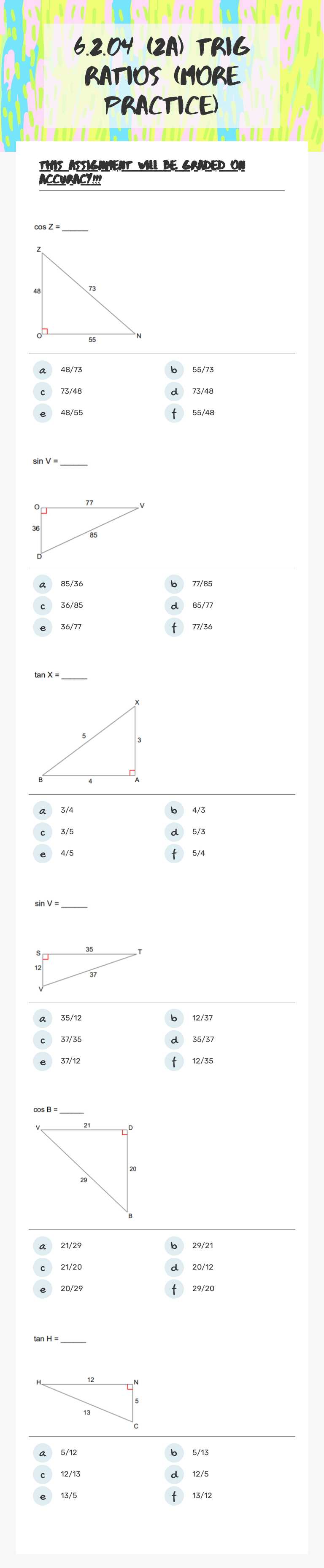 6.2.04 (2A) Trig Ratios (More Practice) worksheet preview image