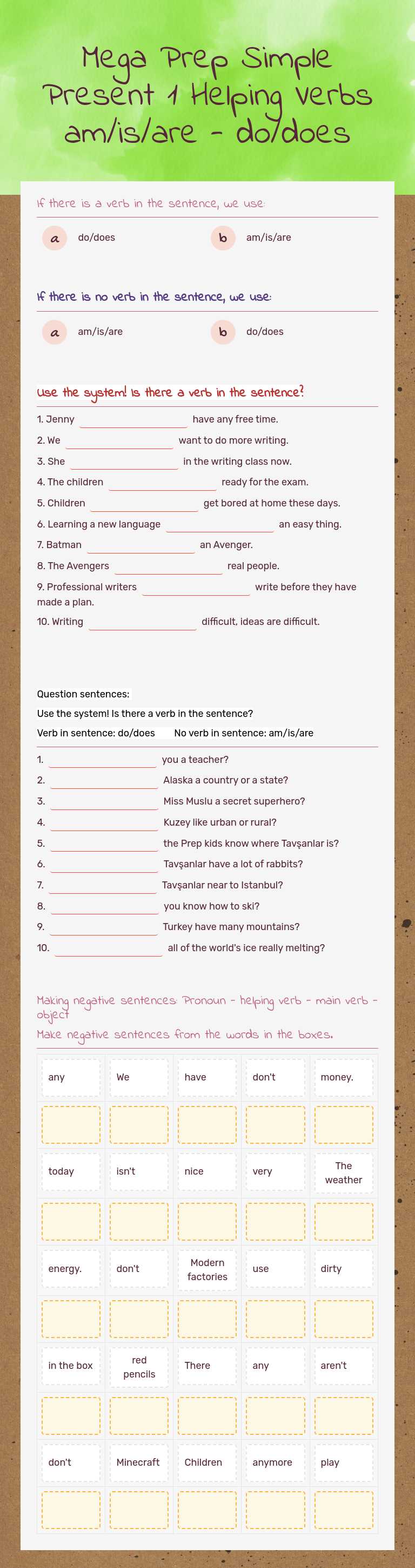 Mega Prep     
 Simple Present 1 Helping Verbs am/is/are - do/does Grade 5 worksheet preview