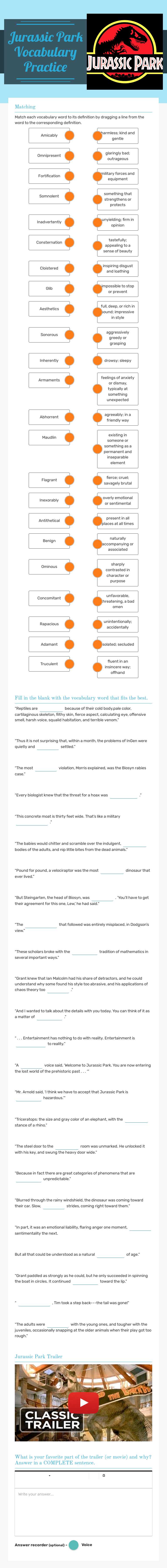 Jurassic Park Vocabulary Practice worksheet preview image