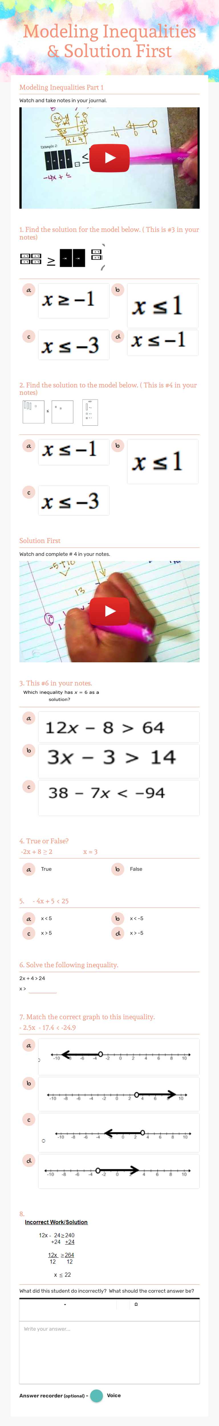 Modeling Inequalities & Solution First Grade 7 worksheet preview