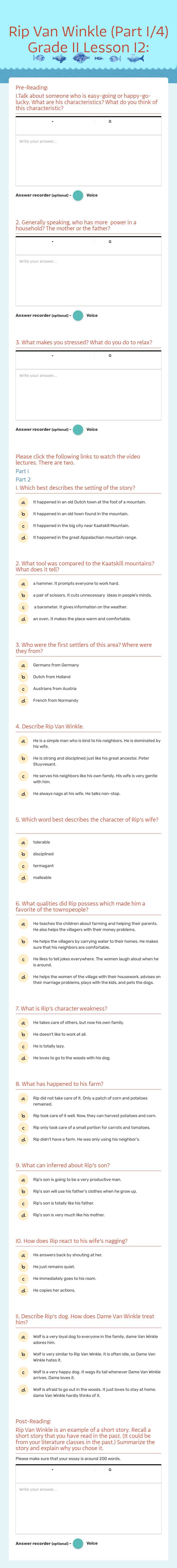 Rip Van Winkle (Part 1/4) Grade 11 Lesson 12: worksheet preview image