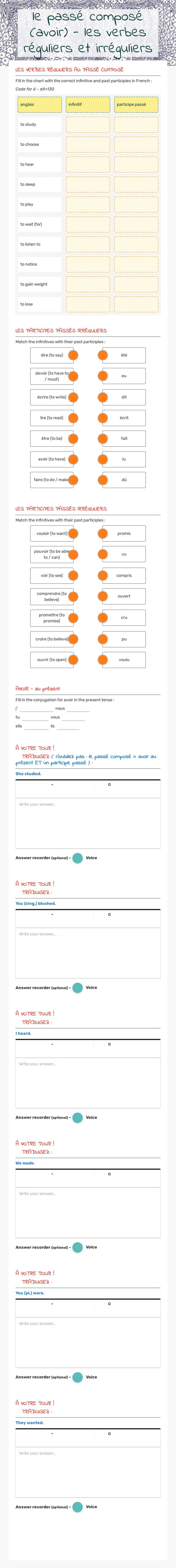le passé composé (avoir) - les verbes réguliers et irréguliers Grade 10 worksheet preview