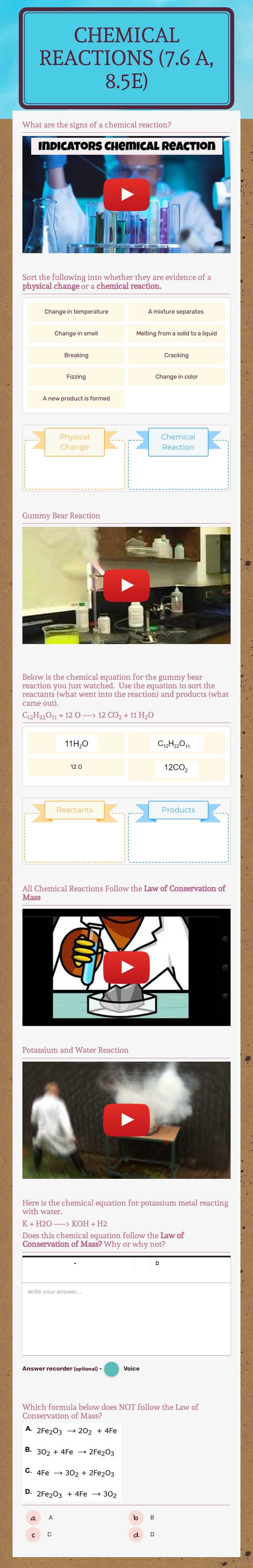 Chemical 
        reactions           (7.6 A, 8.5E) worksheet preview image
