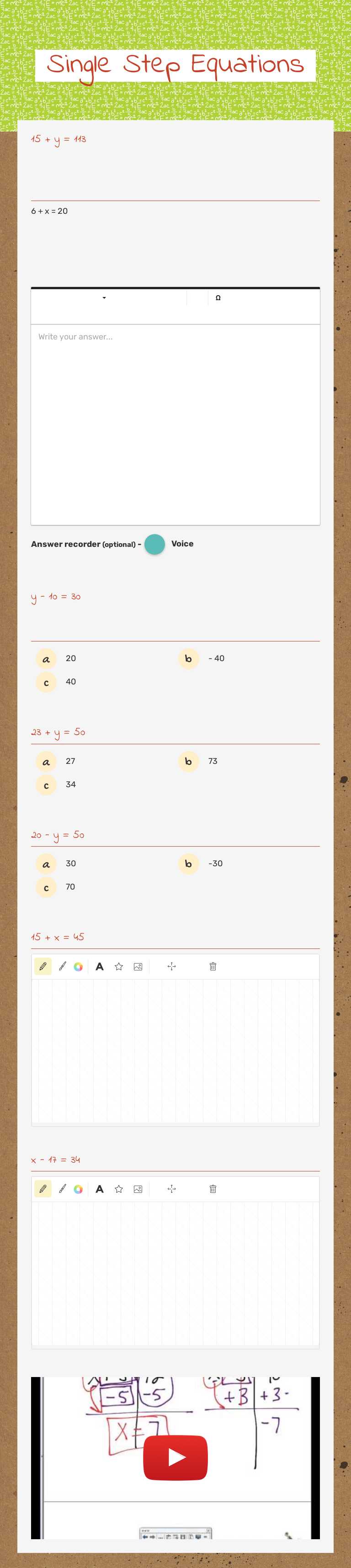 Single Step Equations worksheet preview image