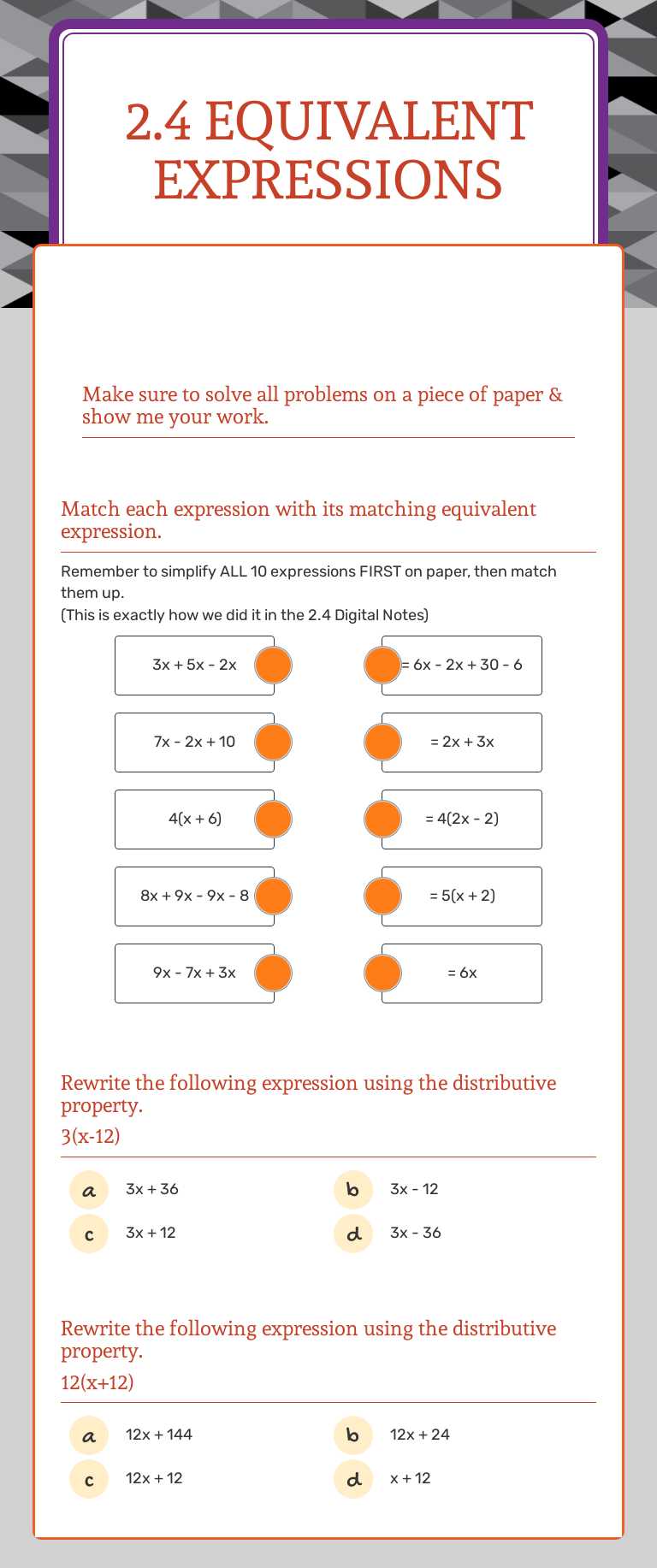 2.4 Equivalent expressions worksheet preview image