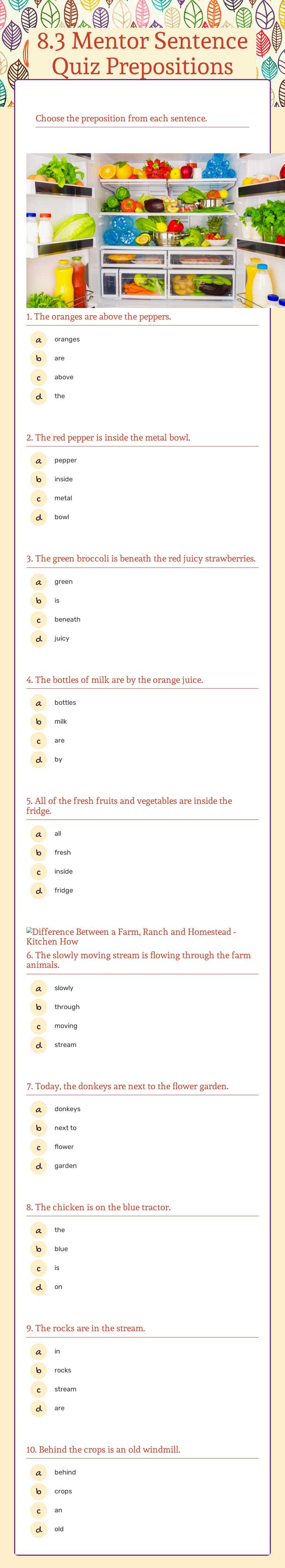 8.3 Mentor Sentence Quiz Prepositions Grade 7 worksheet preview
