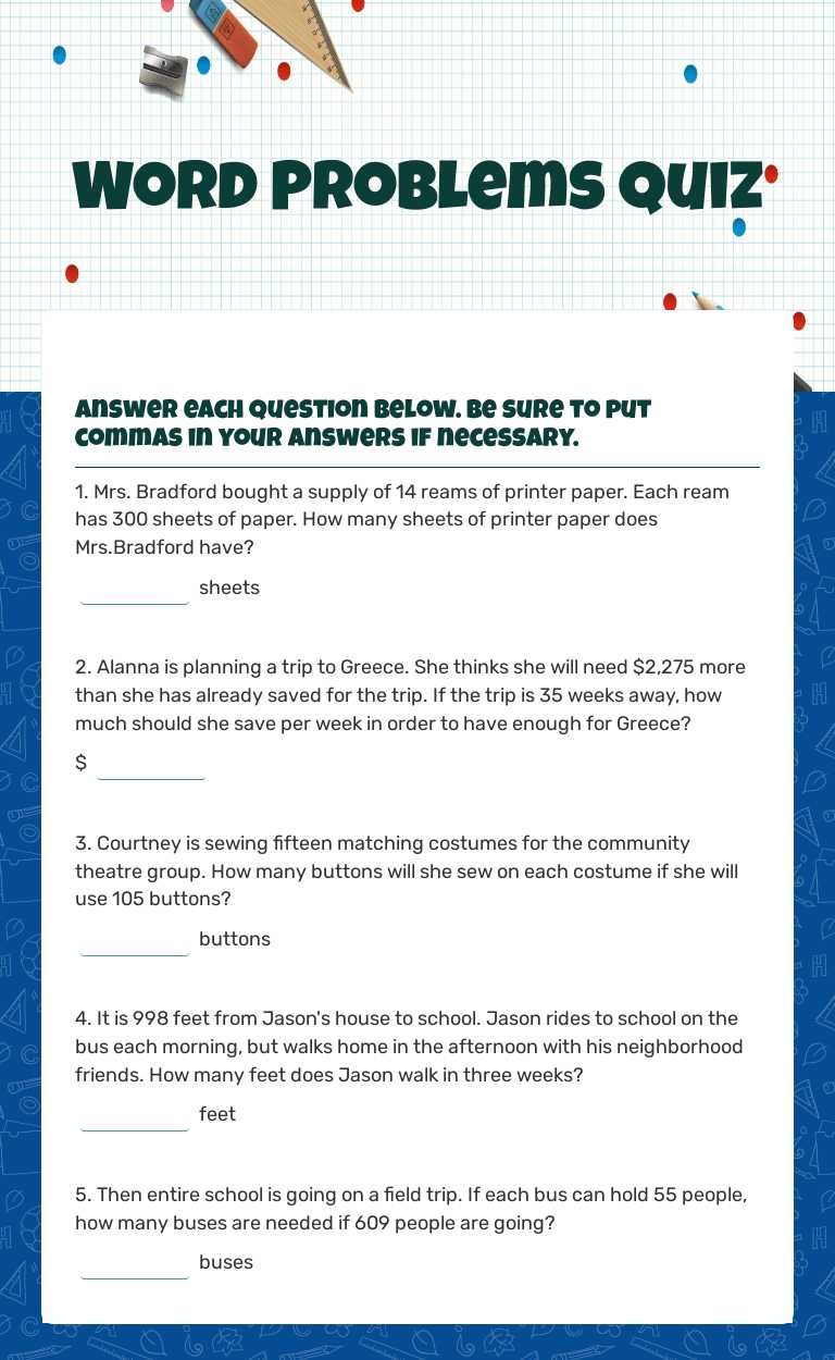 Word Problems Quiz worksheet preview image