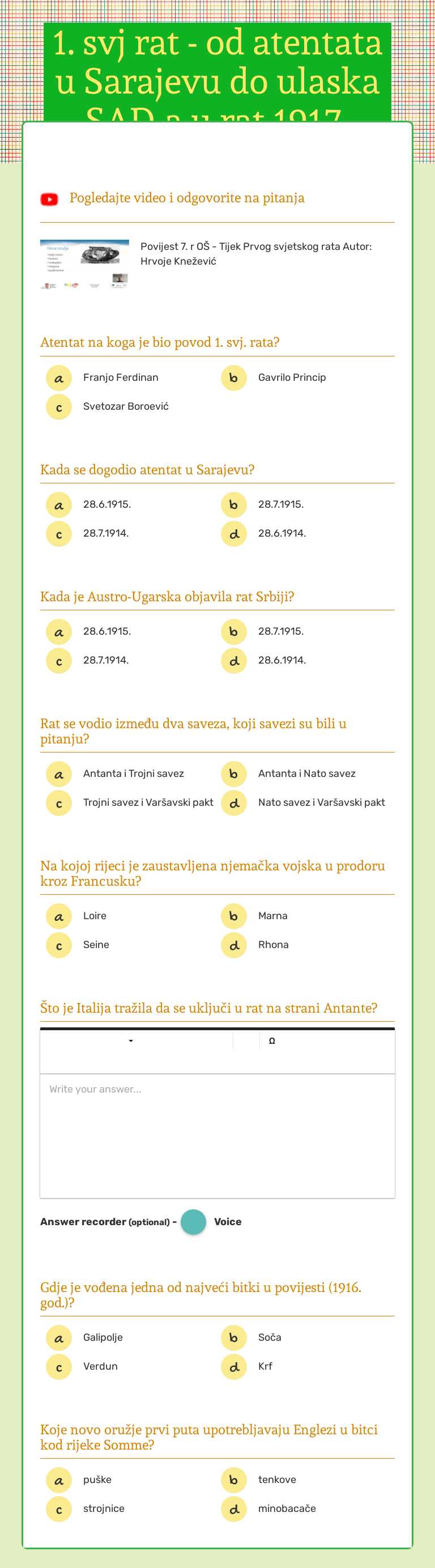 1. svj rat - od atentata u Sarajevu do ulaska SAD-a u rat 1917. Grade 7 worksheet preview