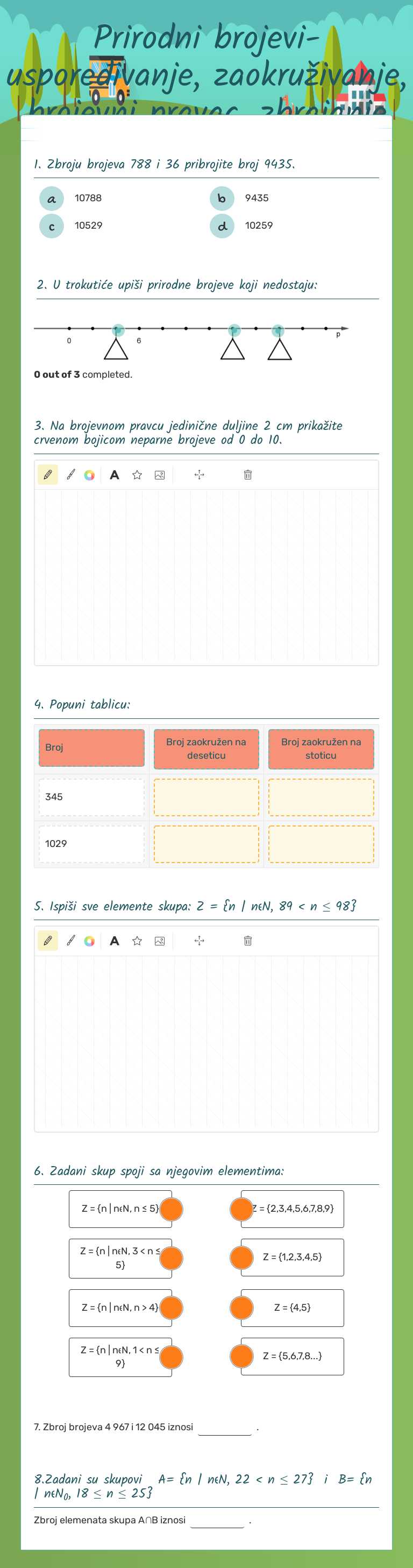 Prirodni brojevi-uspoređivanje, zaokruživanje, brojevni pravac, zbrajanje worksheet preview image