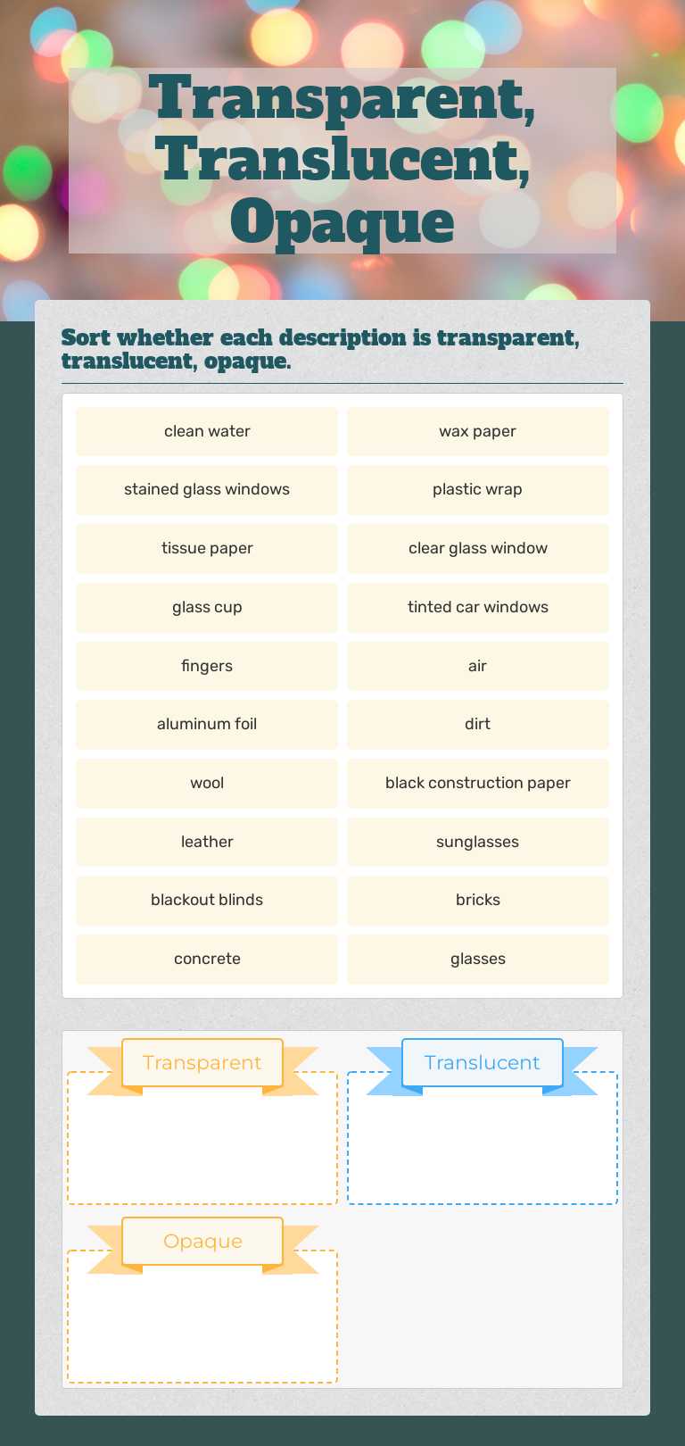 Transparent, Translucent, Opaque Grade 5 worksheet preview