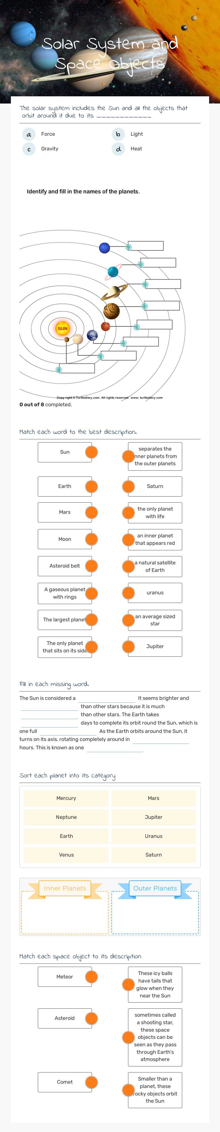 Solar System and Space Objects worksheet preview image