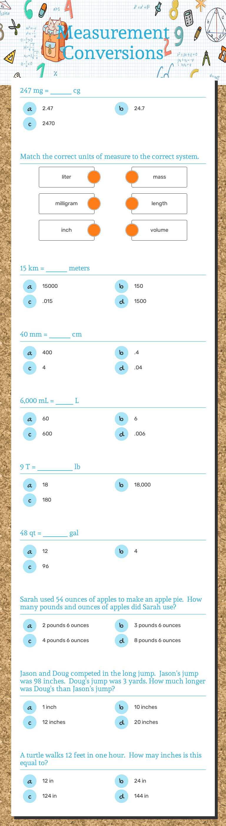 Measurement Conversions worksheet preview image