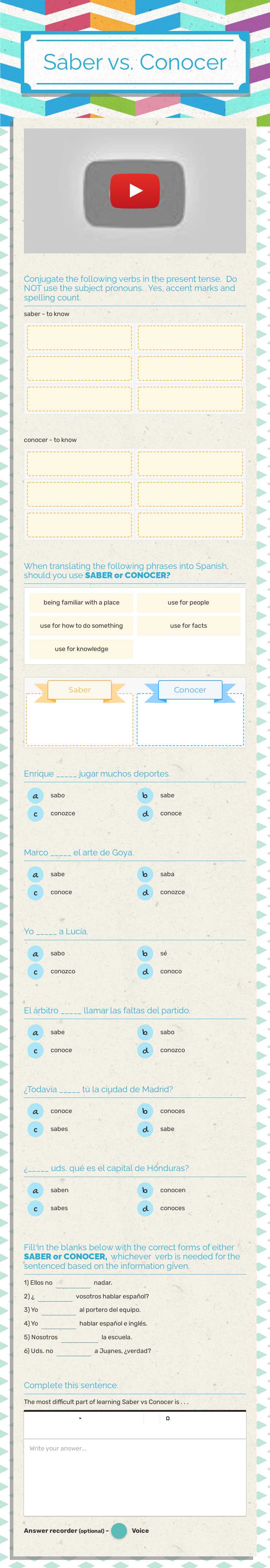 Saber vs. Conocer worksheet preview image