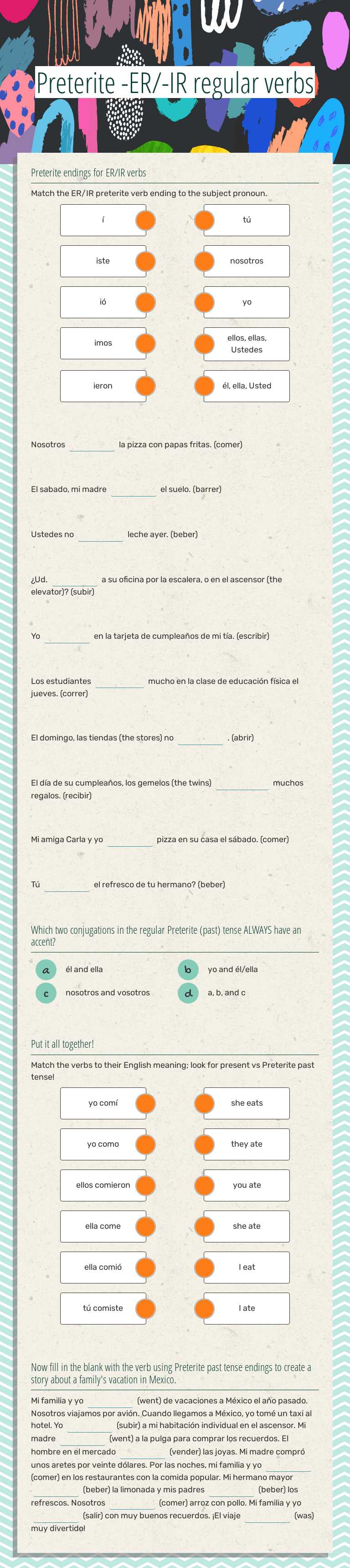 Preterite -ER/-IR regular verbs worksheet preview image