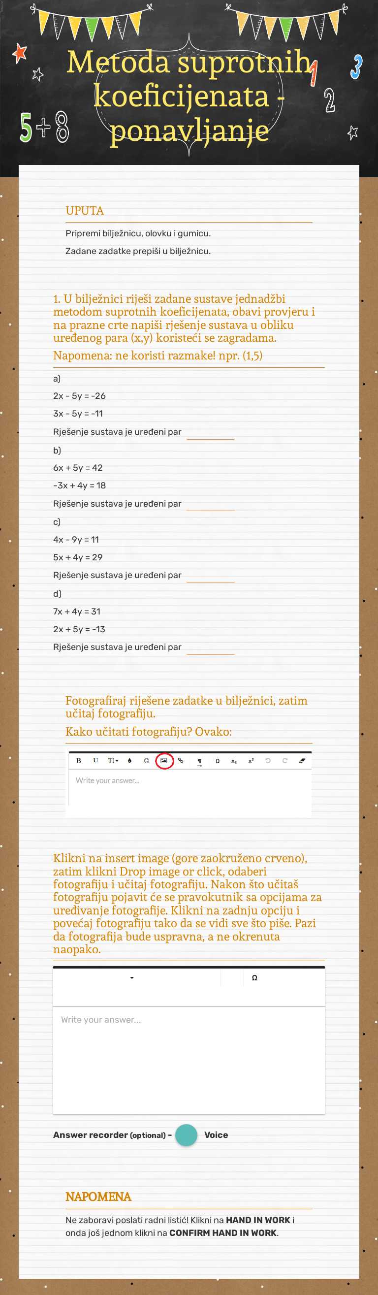 Metoda suprotnih koeficijenata - ponavljanje Grade 7 worksheet preview