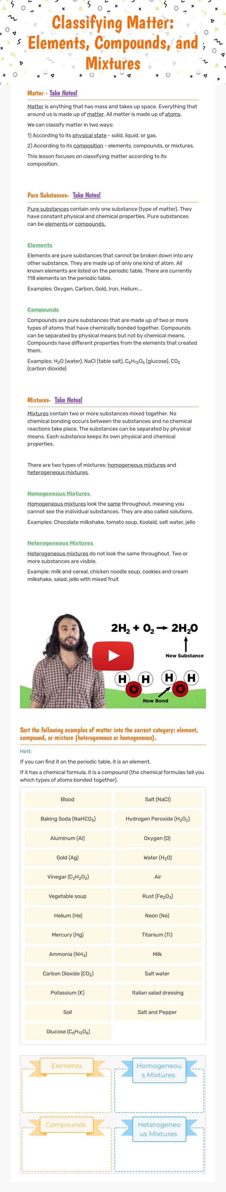 Classifying Matter:       Elements, Compounds, and Mixtures Grade 8 worksheet preview