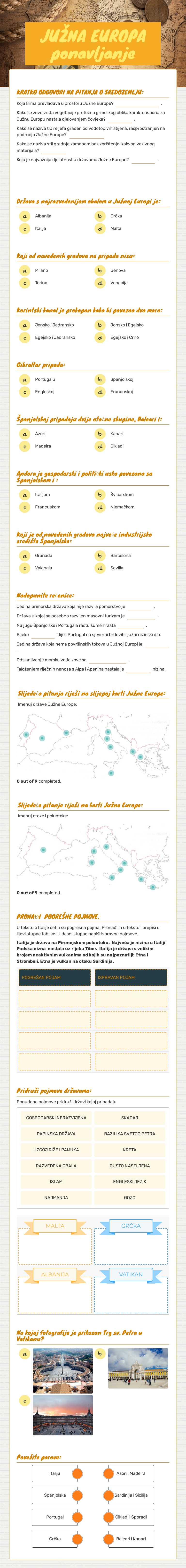 JUŽNA EUROPA ponavljanje Grade 7 worksheet preview