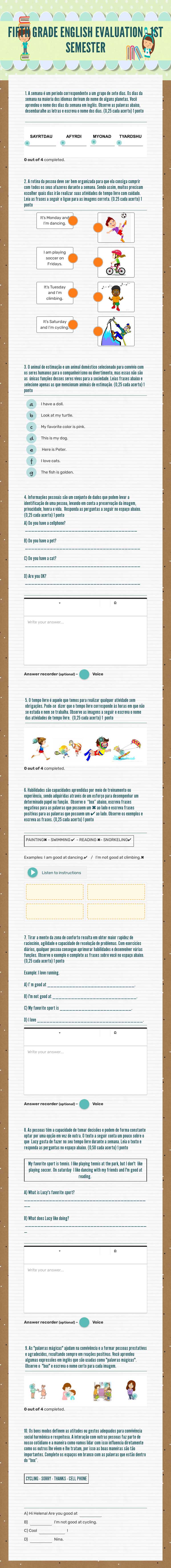 FIFTH GRADE ENGLISH EVALUATION - 1ST SEMESTER worksheet preview image