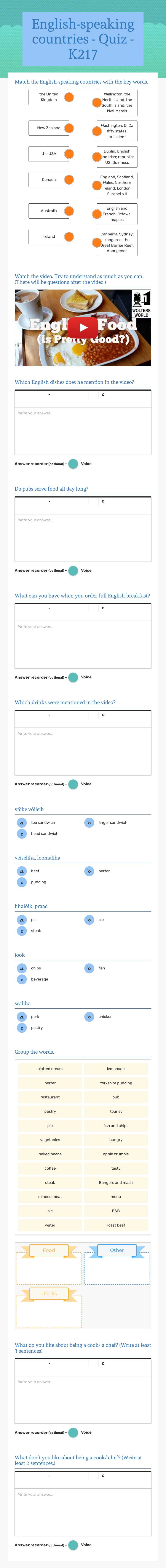 English-speaking countries - Quiz - K217 worksheet preview image