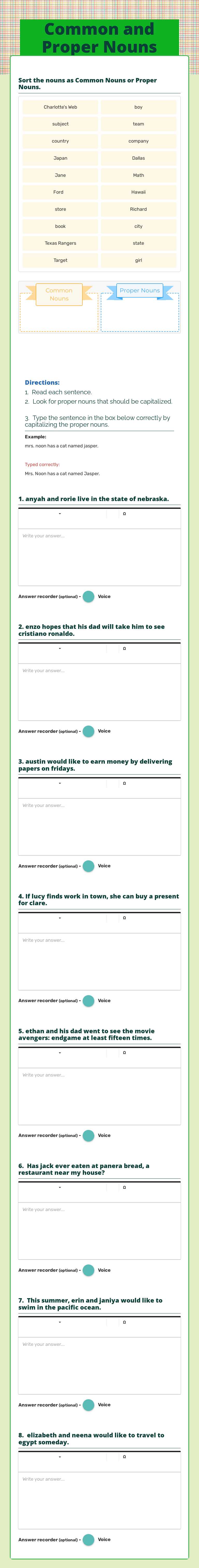 Common and Proper Nouns Grade 5 worksheet preview