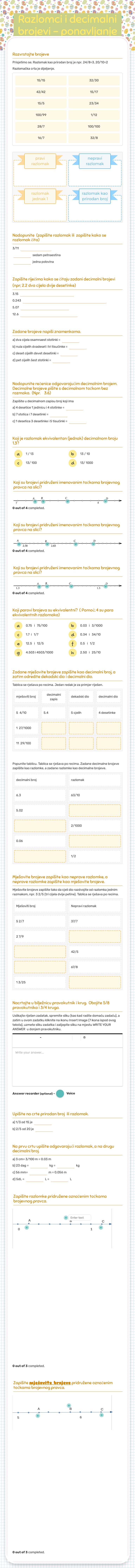 Razlomci i decimalni brojevi - ponavljanje worksheet preview image