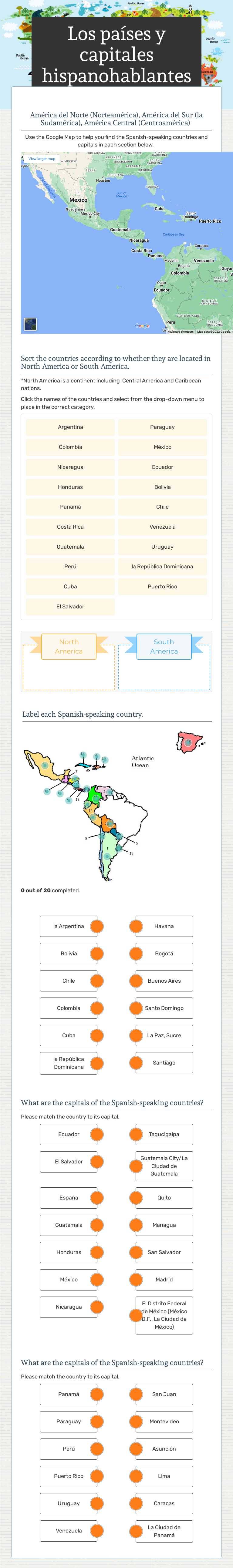 Los países y capitales hispanohablantes worksheet preview image