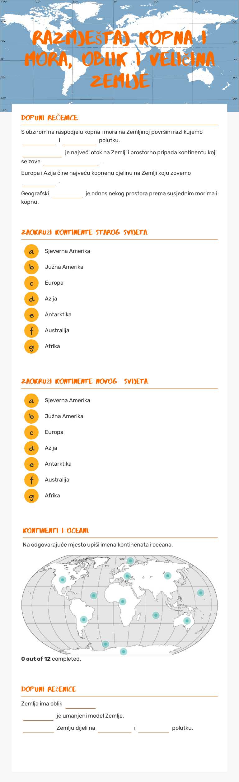 razmještaj kopna i mora, oblik i veličina zemlje Grade 5 worksheet preview