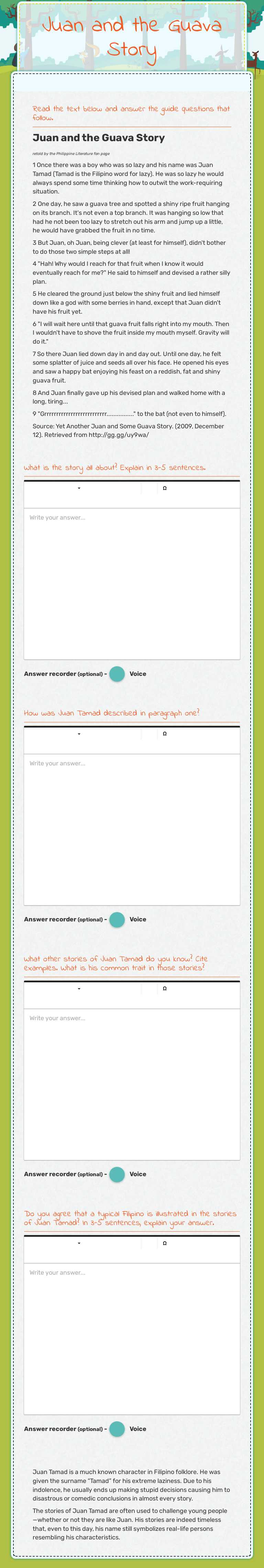 Juan and the Guava Story worksheet preview image