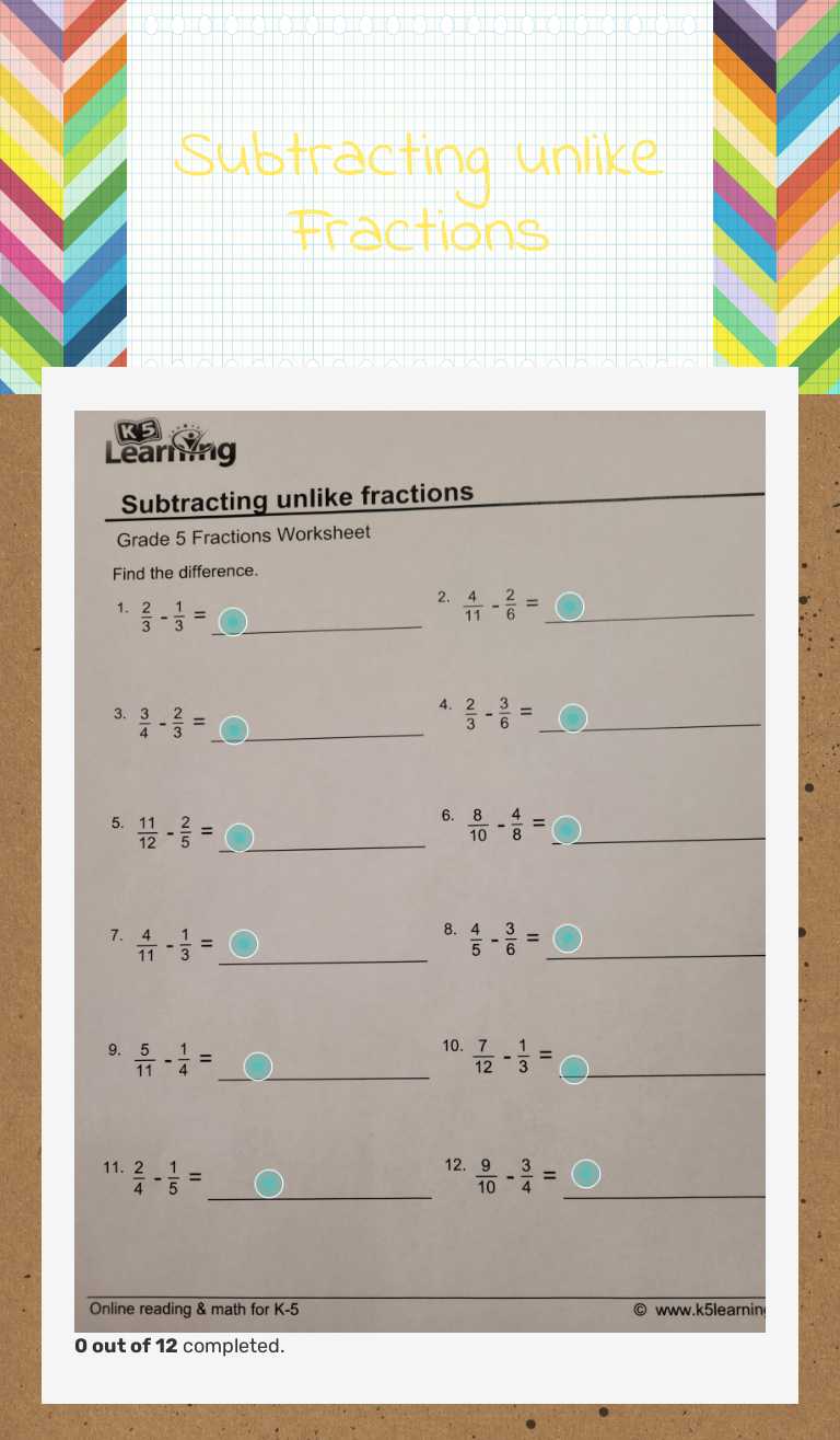 Subtracting unlike Fractions worksheet preview image