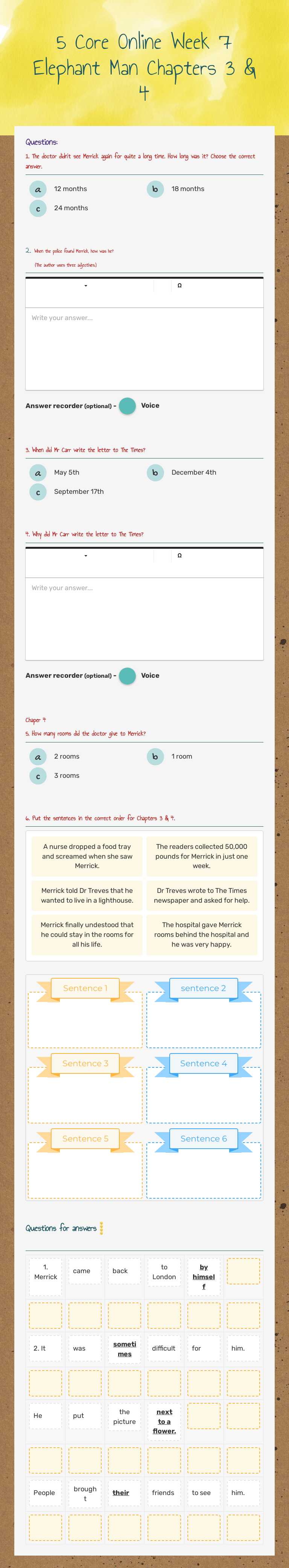 5 Core Online Week 7 Elephant Man Chapters 3 & 4 Grade 5 worksheet preview