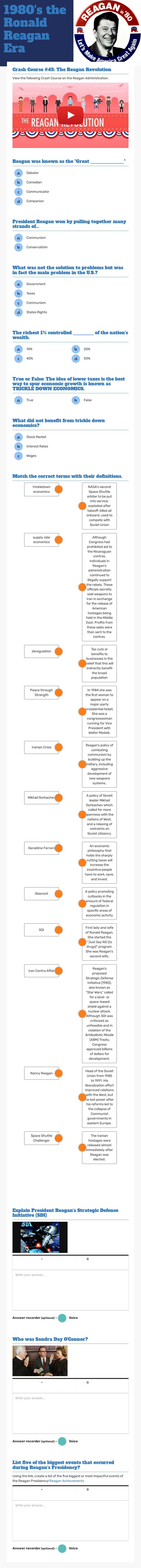 1980's the Ronald Reagan Era worksheet preview image