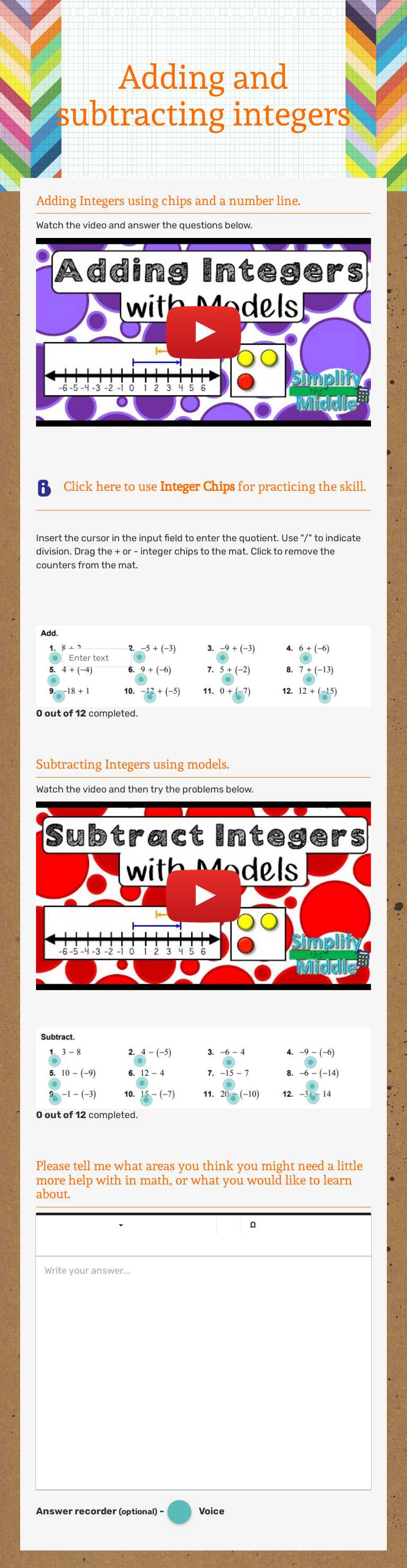 Adding and subtracting integers worksheet preview image