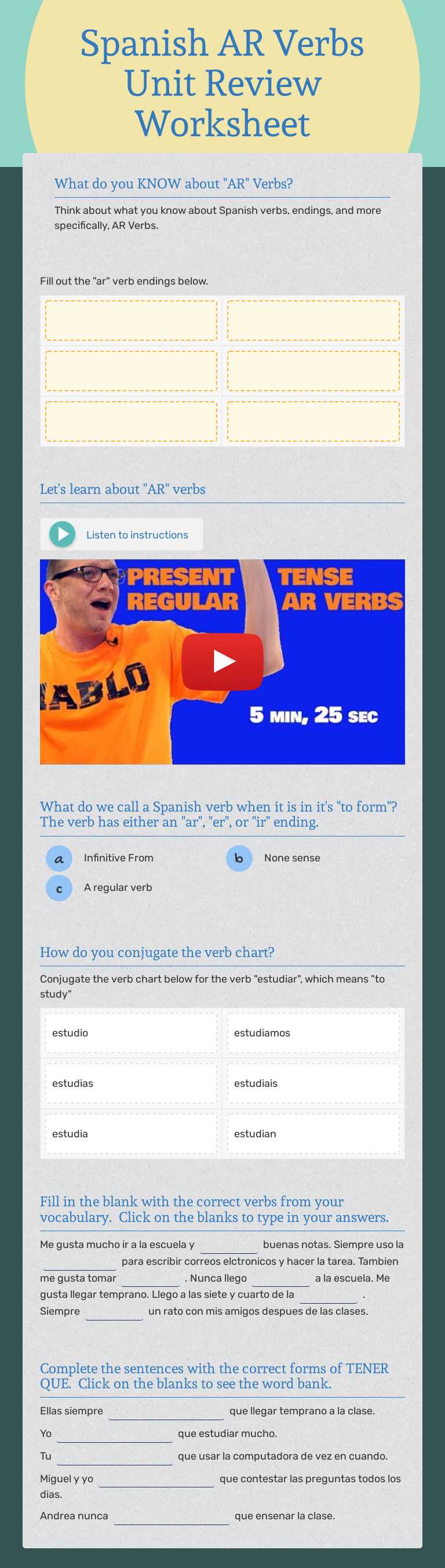 Spanish AR Verbs Unit Review Worksheet Grade 9 worksheet preview