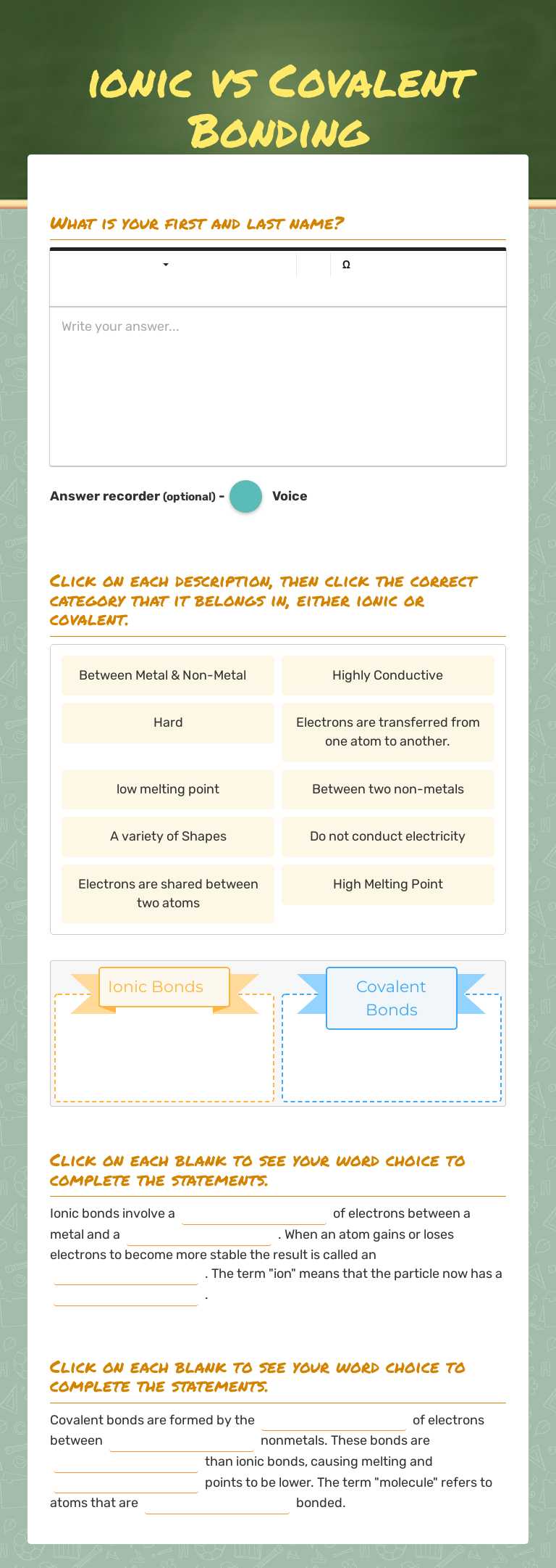 ionic vs Covalent Bonding worksheet preview image
