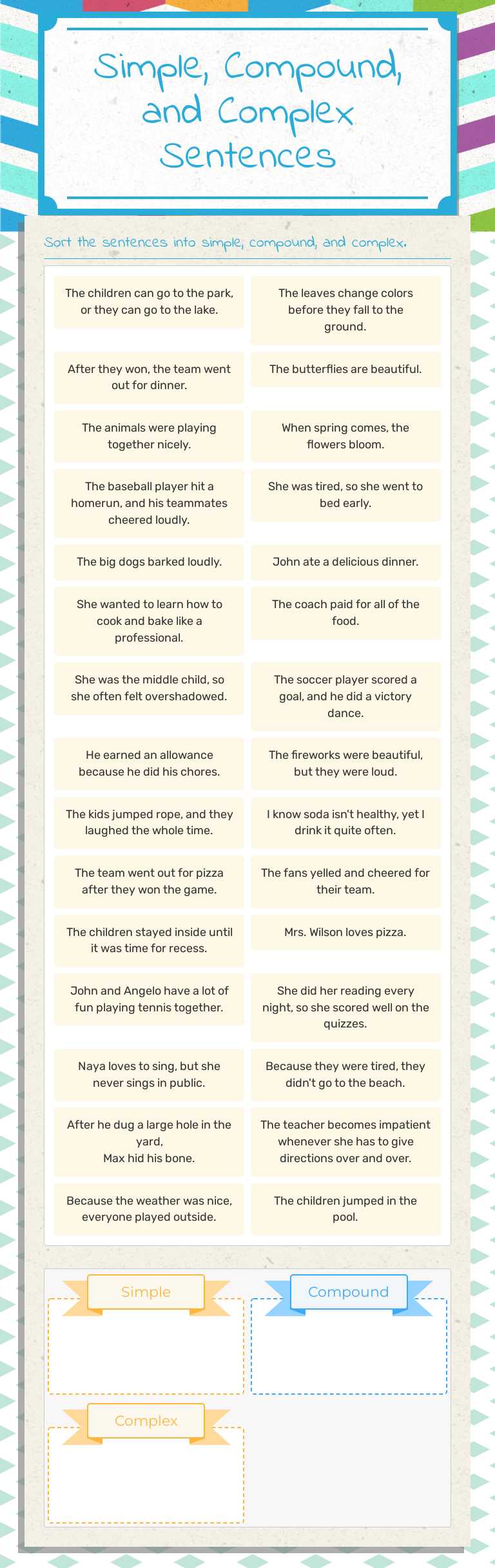 Simple, Compound, and Complex Sentences worksheet preview image