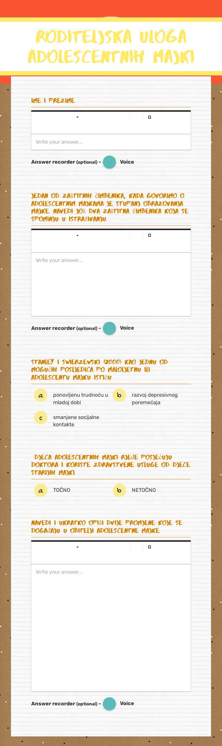 roditeljska uloga
adolescentnih majki worksheet preview image