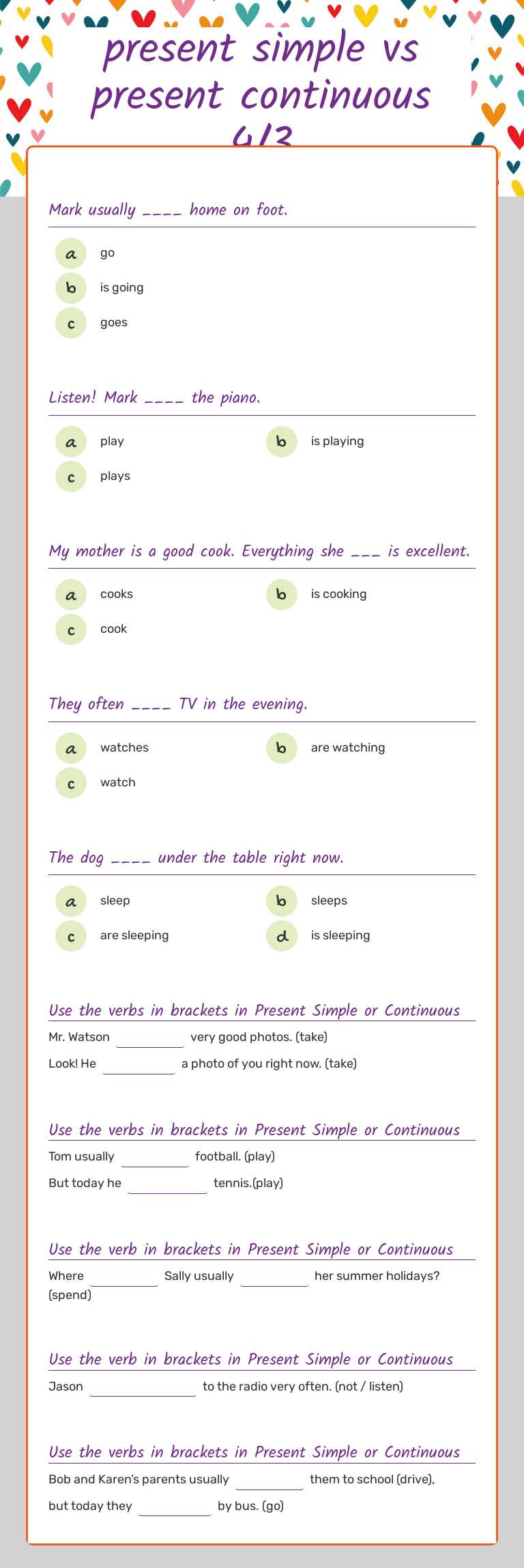 present simple vs 
present continuous 4/3 worksheet preview image