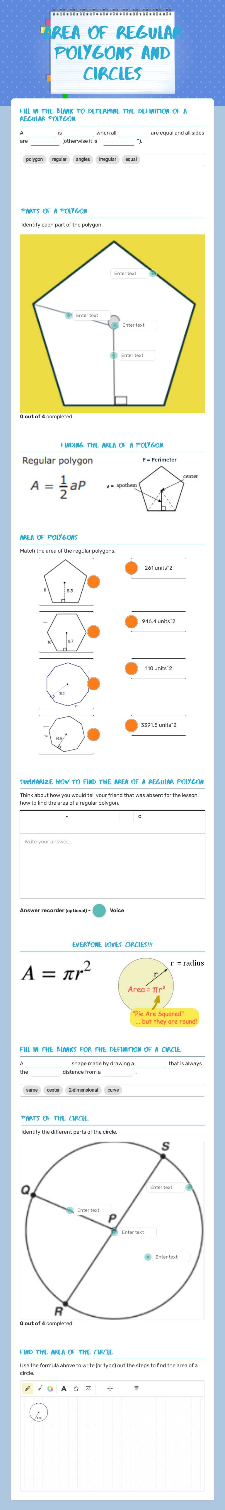 Area of regular polygons and circles worksheet preview image