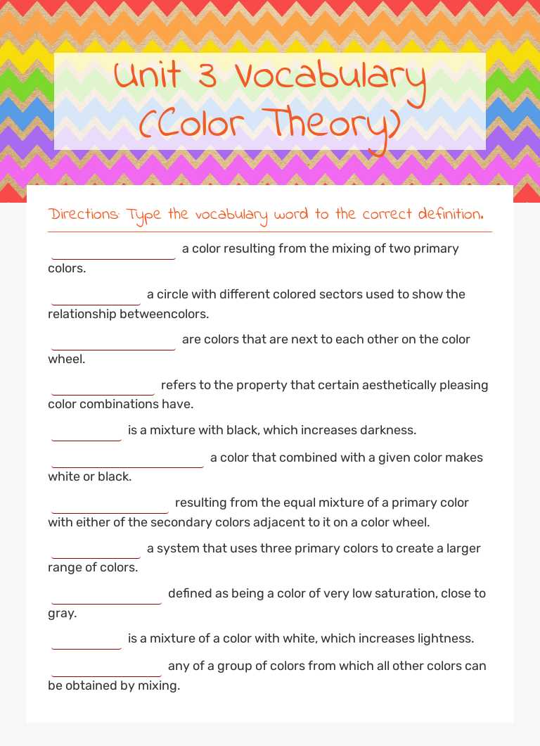 Unit 3 Vocabulary (Color Theory) worksheet preview image
