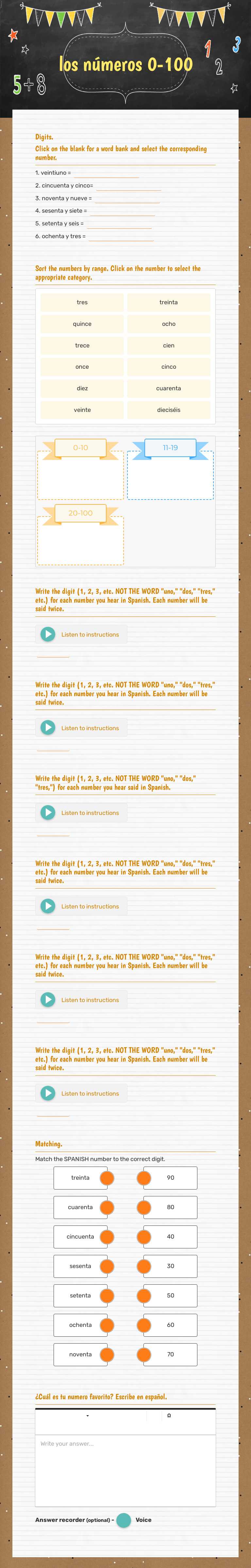 los números 0-100 worksheet preview image