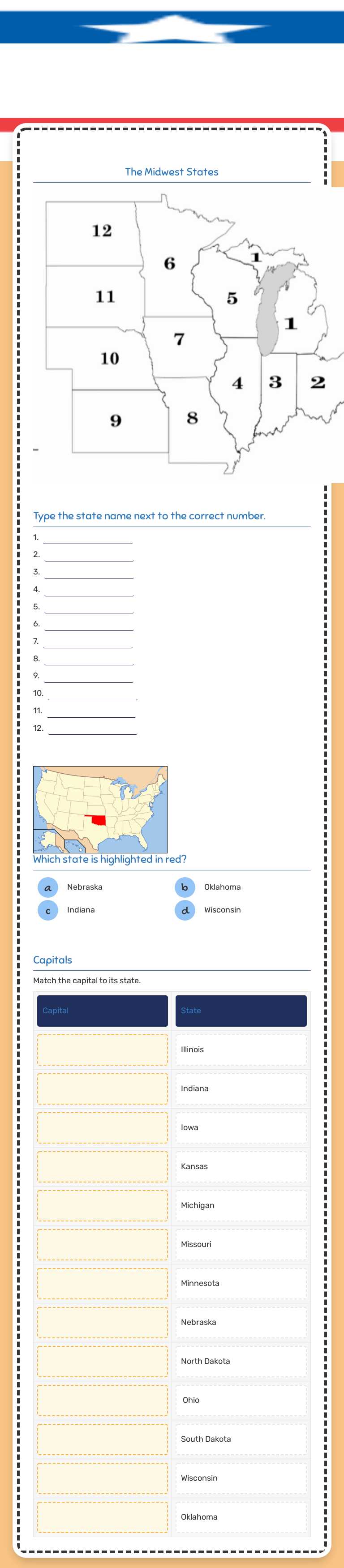 The Midwest States & Capitals Quiz worksheet preview image