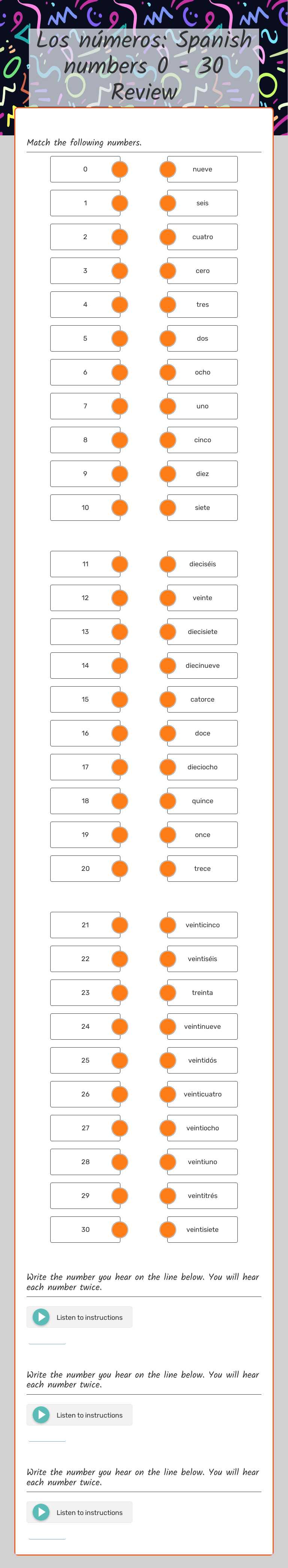 Los números: Spanish numbers 0 - 30 Review worksheet preview image